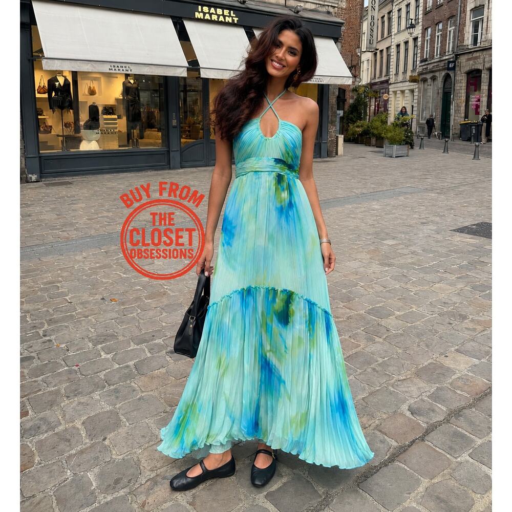 Mango NWT Blue Watercolor Halter Pleated Maxi Dress 6 8 - Picture 8 of 16